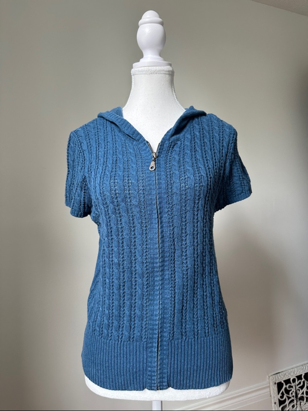 AEROPOSTALE Y2K Preppy Knit Blue Cotton Short Sleeve Hooded Sweater Size Large